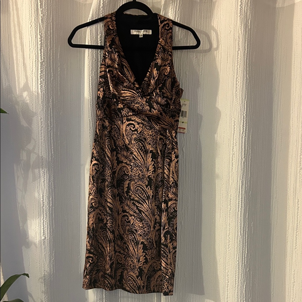 Evan Picone Black and Gold Paisley Midi Dress